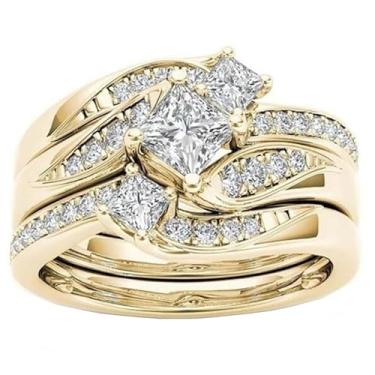 Imagem de Narica Conjunto de 2 anéis banhados a ouro amarelo, dois em um, halo, corte marquise, zircônia cúbica, zircônia cúbica, noivado e noivado feminino, aliança de promessa feminina para a mãe nupcial e