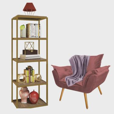 Imagem de Kit Poltrona Fatte com Manta Soft Lilás e Estante Livreiro Ferro Dourado mdf Castanho Suede Rose Gold - Ahazzo Móveis