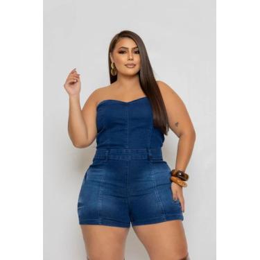 Imagem de Macacão Shorts Jeans Curto Plus Size Lycra Sem Alças - Tan Jeans, Azul