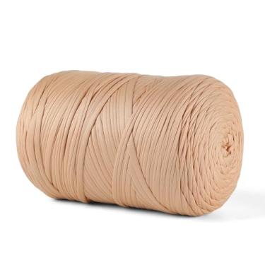 Imagem de MSyarn Fio de camiseta 800 g, tecido elástico para bolsa de crochê/cesta/decoração de casa, fio grosso com mistura de poliéster e elastano (bege claro)