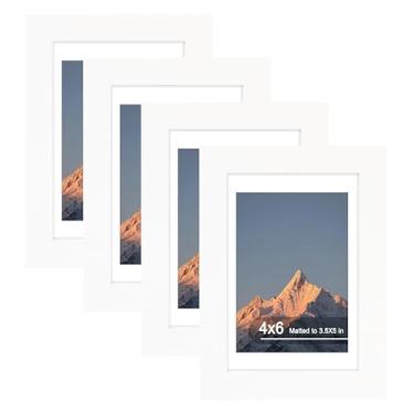 Imagem de SZYUU Conjunto de 4 porta-retratos 10 x 15 cm - vidro verdadeiro, exiba imagens de 9 x 12 cm com tapete ou 10 x 15 cm sem tapete, porta-retratos para mesa e montagem na parede, branco