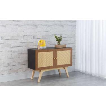 Imagem de Balcão Buffet Mdf Preto Pés Taeda 2 Portas Freijó Com Palhinha Retrô D