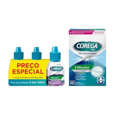 Imagem de Corega Tabs Pastilhas Efervescentes para Limpeza de Aparelhos Removíveis e Próteses Dentárias, 30 unidades + Fixador de Dentaduras Forte Fixação por Até 12h, Cor Roxa, Kit 3 Unidades, 22g c/u