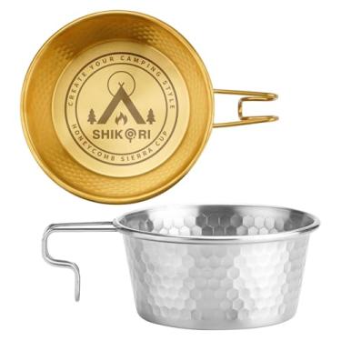 Imagem de SHIKORI Copo de aço inoxidável para acampamento Sierra, empilhável, portátil, 450 ml, conjunto de 2 peças, copo Sierra Bowl para acampamento e caminhadas (ouro e prata)