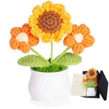 Imagem de LAIDANLA Flores de crochê, girassol e puff, mini vasos de plantas tricotadas feitas à mão para mesa, festa de aniversário, Natal, aniversário, formatura, para mulheres, amigas, professoras e colegas
