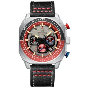 Imagem de NAVIFORCE Relógio de pulso masculino com pulseira de couro, analógico, esportivo, à prova d'água, cronógrafo, mostrador quadrado, com data, Preto, vermelho, Esportivo