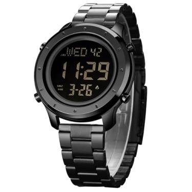 Imagem de zolohoni Relógio masculino de couro para homens, relógio digital, relógio de pulso masculino, minimalista, de aço inoxidável, à prova d'água, cronômetro, Todo aço preto