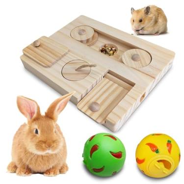 Imagem de PINVNBY Brinquedos de forrageamento de porquinho-da-índia - Hamsters alimentador interativo de quebra-cabeça de madeira com bola de petisco de comida de coelho para chinchilas, coelhos, animais de