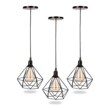 Imagem de Kit 3 Pendente Aramado Diamante Retro Cabo 1m Regulavel Retrô Vintage PRETO