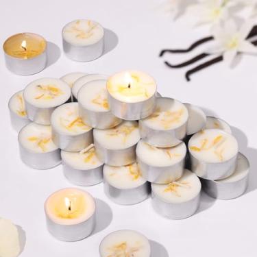 Imagem de 16 velas perfumadas com aroma de baunilha, queima longa de 6H, luzes de chá perfumadas 100% à base de cera de palma com flores secas, luzes de chá não tóxicas/sem fumaça, velas a granel para spa