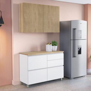 Imagem de Cozinha 2 Peças 3 Portas 4 Gavetas Com Armário Aéreo 100% Mdf 120cm Rainha Branco/nature