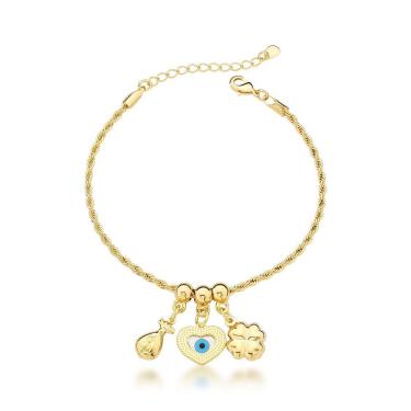 Imagem de Pulseira Cordão Baiano Com Olho Grego E Trevo Banhado A Ouro 18k - 18cm