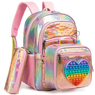 Imagem de Meetbelify Mochila para meninas, para crianças do ensino fundamental, pré-escolar, mochila fofa com lancheira, Bolsa Love em ouro rosa, Medium, Clássico