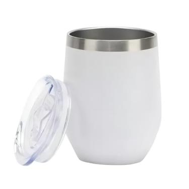Imagem de Copo de vinho de aço inoxidável de 340 g com tampa, caneca de viagem com isolamento de parede dupla, perfeita para vinho, café, bebidas, champanhe, coquetéis (branco)