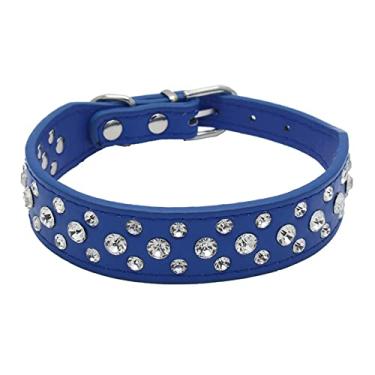 Imagem de Coleira para cachorro com strass, strass brilhante couro PU cristal diamante coleira para cachorro gato gato filhote preto P M G GG (GG, azul escuro)