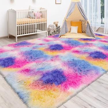 Imagem de TENNOLA Tapete grande de arco-íris tingido com laço 1,8 x 2,7 m, tapete felpudo fofo de unicórnio macio de pelúcia para quarto, sala de estar, tapete de chão interno, crianças, meninas, meninos,