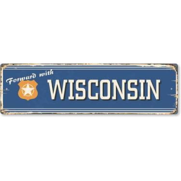 Imagem de SmartSign 4 x 14 polegadas para frente com placa de metal vintage do estado de Wisconsin, alumínio à prova de ferrugem de 40 mil com sobretudo transparente, decoração de parede retrô, multicolorido