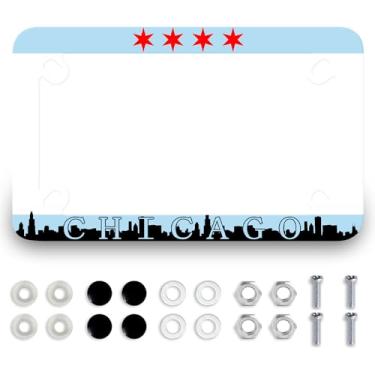 Imagem de Moldura de placa de carro de motocicleta com bandeira de Chicago em aço inoxidável, com tema de cidade, 4 furos, suporte de etiqueta à prova d'água, acessório de motocicleta com parafusos, tampas de