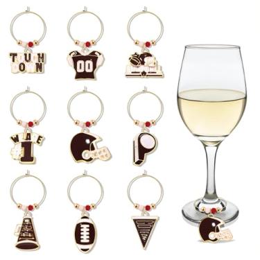 Imagem de FAERLIIRY Conjunto de 9 pingentes de taça de vinho de futebol americano, conjunto de 9 pingentes de vinho para dia de jogo, marcadores de copos de vapor, marcadores de identificadores de bebidas para
