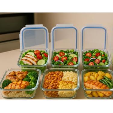 Imagem de KIT 6 Potes Vidros Retangulares Herméticos Marmitas Mantimentos 4 Travas 330 ML