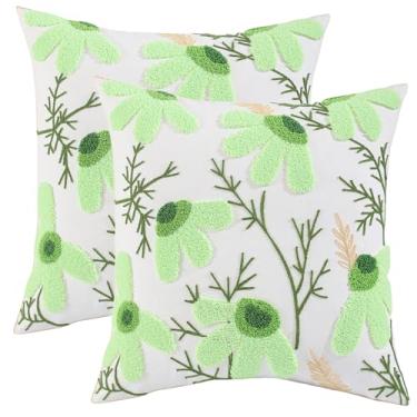 Imagem de LUOYEHK Capas de almofada bordadas, 45,7 x 45,7 cm, pacote com 2 fronhas decorativas de margaridas verdes, capas de almofada com tufos florais para sofá, cama, sala de estar