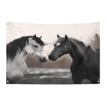 Imagem de Bandeira com quatro furos bandeiras para todos os climas preto e branco cavalos impressos bandeira decorativa bandeiras de poliéster adequadas para uso interno e externo 89 x 159 centímetros