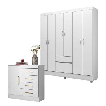 Imagem de Cômoda e Guarda Roupa Casal Montevidéu Flash 2 7 Portas 6 Gavetas em MDP Branco Flex Mo...