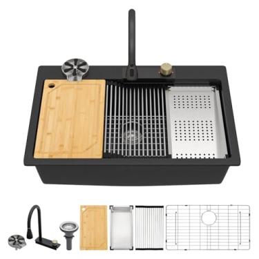 Imagem de Talllor Pia de cozinha Waterfall - Pia de cozinha inteligente composta de granito 83 cm Drop In Multifuncional, quartzo preto fosco, lavatório, tigela única, bacia clássica #TLWF-0024