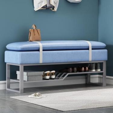Imagem de Otomano, Banco De Sapatos De Metal Com Assento Falso Pu, Banco De Armazenamento De Sapatos Estofado Moderno Com Sapateira, Banco De Quarto Banco De Entrada De Acento De Fim De Cam, A, 60 * 34 * 46CM