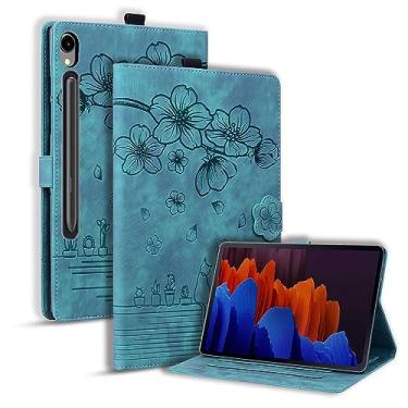 Imagem de Rosbtib Capa para Samsung Galaxy Tab S10 FE / S9 FE 10,9 polegadas, capa de proteção contra quedas com gato cereja em couro sintético premium em relevo para Galaxy Tab S9 11 polegadas (verde)