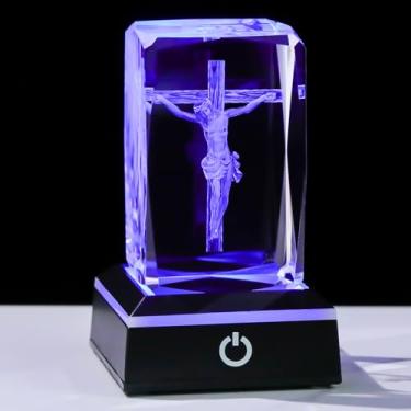 Imagem de Movdyka Estatueta de cristal com cruz de Jesus 3D com base de luz LED colorida - Luz noturna religiosa, presente cristão perfeito para mulheres, homens, Natal, Páscoa e decoração de casa