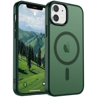 Imagem de SUPFINE Capa magnética para iPhone 12 Mini e iPhone 13 Mini (compatível com MagSafe) (proteção contra quedas de grau militar) capa de telefone fina translúcida fosca à prova de choque, verde escuro
