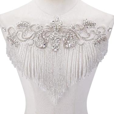 Imagem de NBEADS Enfeite de strass branco com contas para roupas, apliques de flores de borla de cristal feitos à mão, aplique de renda, 27 x 34,7 x 0,5 cm