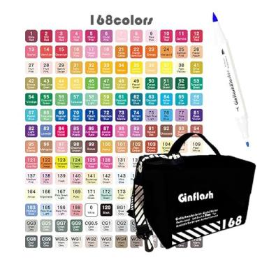 Imagem de Ginflash Marcadores Brush Tip Art Caneta Esboço à Base de Álcool Marcadores com Ponta Dupla Mangá Desenho Marcador para Colorir Materiais de Arte DP7080 (brush and fine 168)