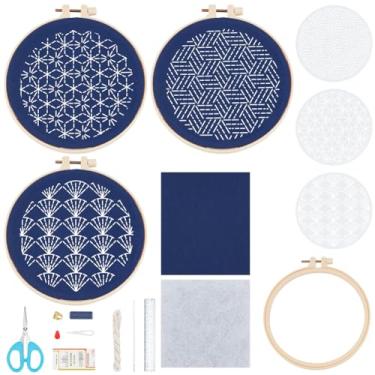 Imagem de FREEBLOSS Conjunto de 3 conjuntos de kit de bordado para pendurar na parede com diferentes modelos de PET, kit completo Sashiko inclui linha, agulhas, artesanato de costura manual de tecido para