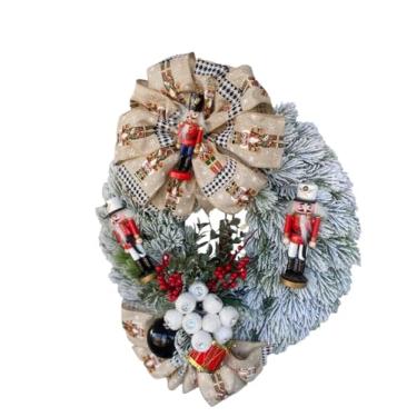 Imagem de Guirlanda de Natal Nevada Artesanal, 40 cm, Tema Soldadinho de Chumbo, com Laço Decorativo e Miniaturas