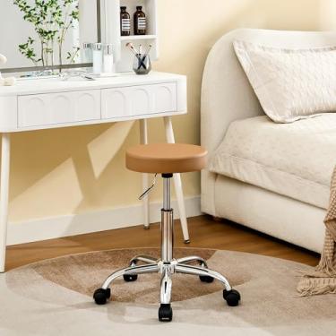 Imagem de FIRAVOE Cadeira de massagem giratória, banqueta ajustável para corte de cabelo 49,5 cm a 67 cm, banqueta marrom camelo com rodas (marrom camelo)