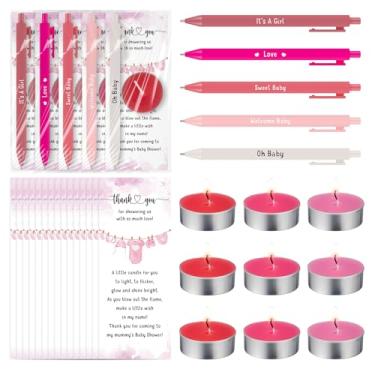 Imagem de Spakon 60 Sets Baby Shower Favors for Guests Include Unscented Tealight Candles Multicolor Ballpoint Pen Thank You Card Opp Bags Gender Reveal Gifts for Baby Shower Game Prizes (Pink,Girl)