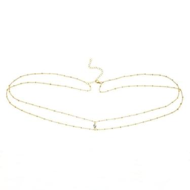 Imagem de Corrente de cintura em camadas de cristal cubano com contas satélite fígaro corrente para o corpo da barriga boho praia corrente de cintura para mulheres ajustável sexy biquíni corrente corporal joias