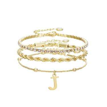 Imagem de Pulseiras de ouro para mulheres – Conjunto de joias de pilha de pulseiras de ouro delicadas com iniciais personalizadas, linda caixa de corda, corrente de corrente, pulseiras de tênis, presentes para