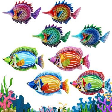 Imagem de Tandefio 8 peças de decoração de parede de metal decoração de parede para pendurar esculturas internas ao ar livre para jardim cerca piscina casa varanda (peixe colorido)