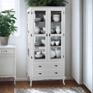 Imagem de Cristaleira De Madeira Espelho 2 Portas 3 Prateleiras 2 Gavetas Pés Luiz Xv - Branco Laca