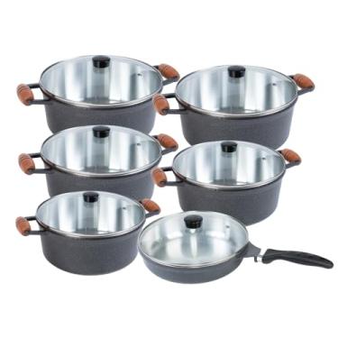 Imagem de Jogo de Panelas 6 Peças Cava em Alumínio Fundido Craqueado com Alça de Madeira e Tampas de Vidro com Frigideira 24cm