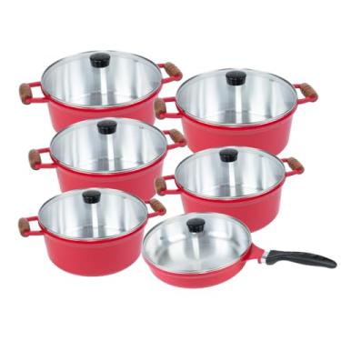 Imagem de Jogo de Panelas 6 Peças Cava em Alumínio Fundido Vermelho com Alça de Madeira e Tampas de Vidro com Frigideira 24cm