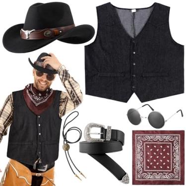 Imagem de Vabean 6 peças de fantasia de cowboy masculina ocidental, colete de caubói, colar, fivela de cinto, bandana, óculos para cosplay de Halloween (preto, 2GG)