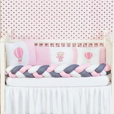 Imagem de Kit Berço Urso Balão 6 Peças Com Trança E Lateral Rosa