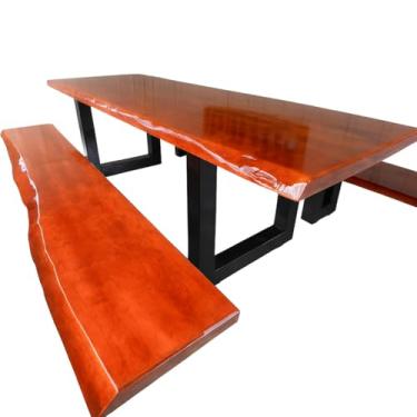 Imagem de Mesa Jantar Rústica Madeira Maciça Tampo (3,0Mts x 0,90mts x 5,5cm), com 02 Bancos Tampo (3,0mts x 36cm x 4cm), Bordas Orgânicas - Acabamento Verniz MOGNO - Pés Ferro Metalom 100mm Preto - 10 Lugares.