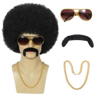 Imagem de MIHOYAXU Peruca Afro masculina anos 70 peruca curta encaracolada preta discoteca perucas para homens perucas de cabelo sintético macio natural para festa de Halloween Natal cosplay (estilo-A)