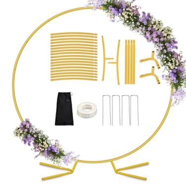 Imagem de DEVISEFUN Suporte de fundo de arco redondo de 2,3 m para festas, armação de arco de balão em círculo dourado, arcos de casamento resistentes com base para cerimônia, aniversário, chá de bebê