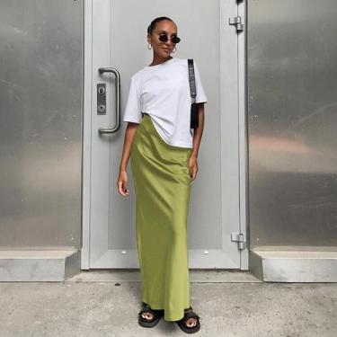 Imagem de Saia Midi De Cintura Alta Em Cetim Para Mulheres 2024 Moda Elegante Ve